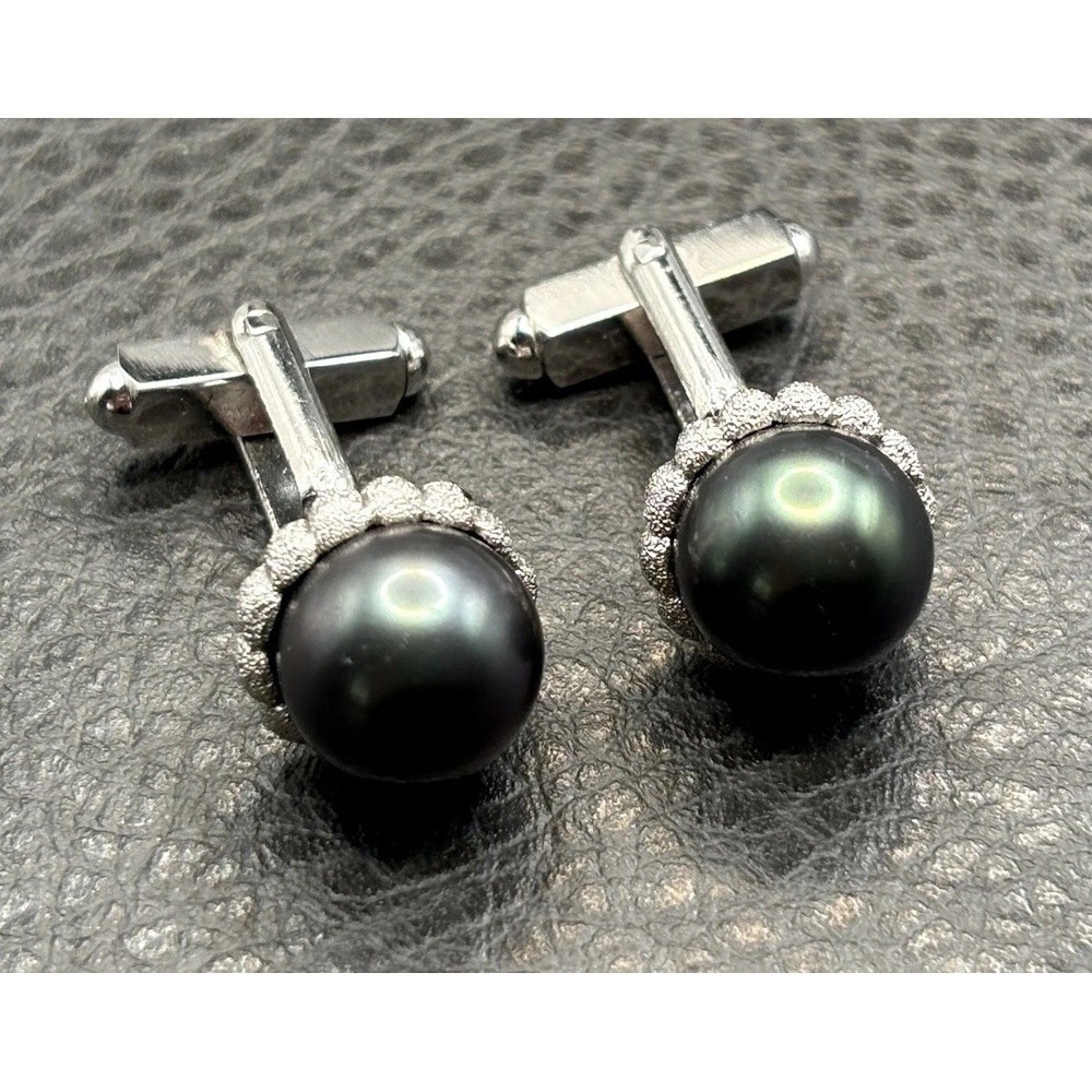 VTG Silver Tone Iridescent Oil Slick Faux Pearl Men's Cufflinks Scalloped Bezel